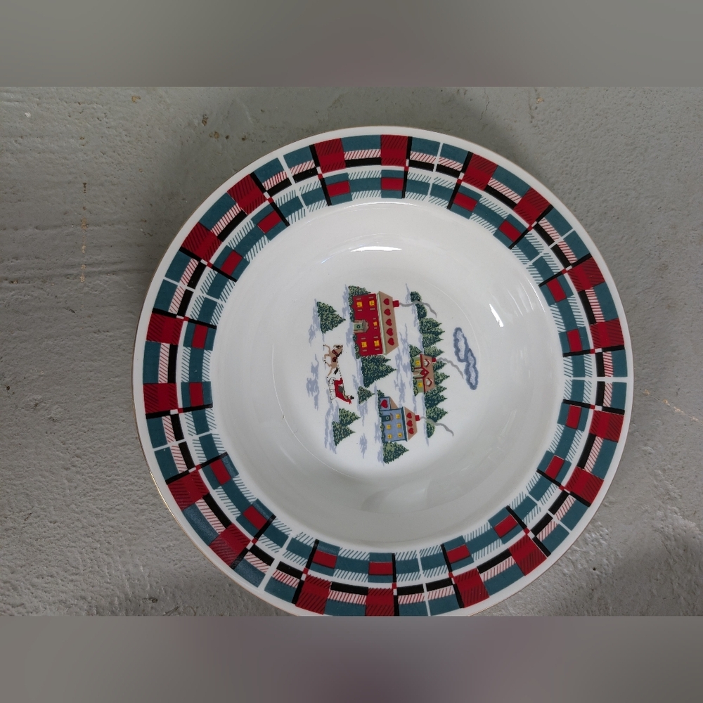 Winter Scene W/ Sleigh, Plaid Rim, Christmas At Home by Lynn's China,Set Of 8